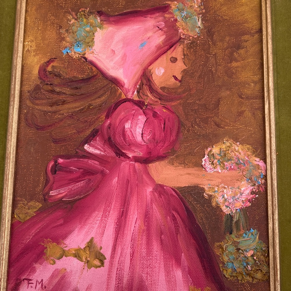 Vintage Italy Signed Oil Painting Gold Gilt Green Velvet Frame Girl W Flowers - Picture 6 of 16